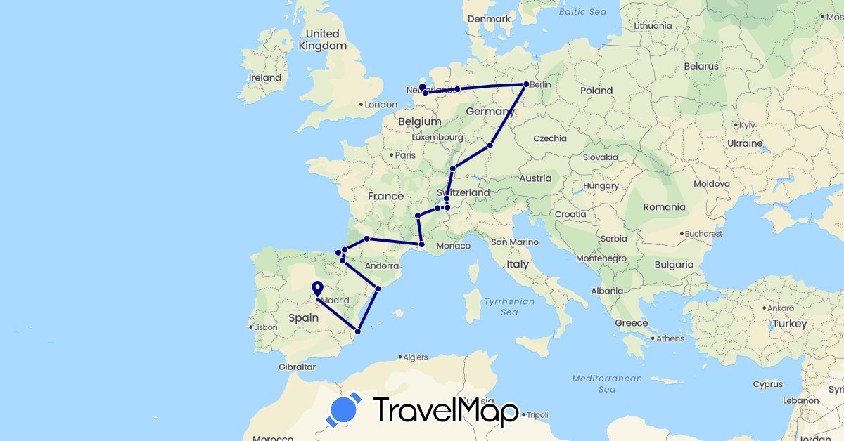 TravelMap itinerary: driving in Switzerland, Germany, Spain, France, Netherlands (Europe)